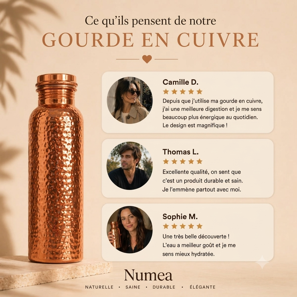 Gourde en Cuivre Pur NUMEA | L’Eau Purifiée Naturellement, Sans Plastique