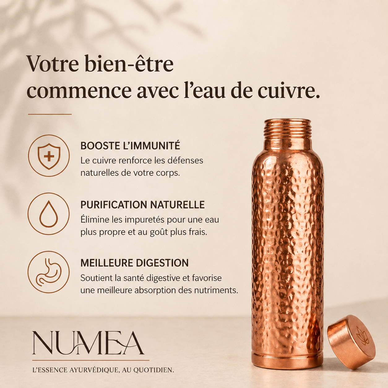 Gourde en Cuivre Pur NUMEA | L’Eau Purifiée Naturellement, Sans Plastique